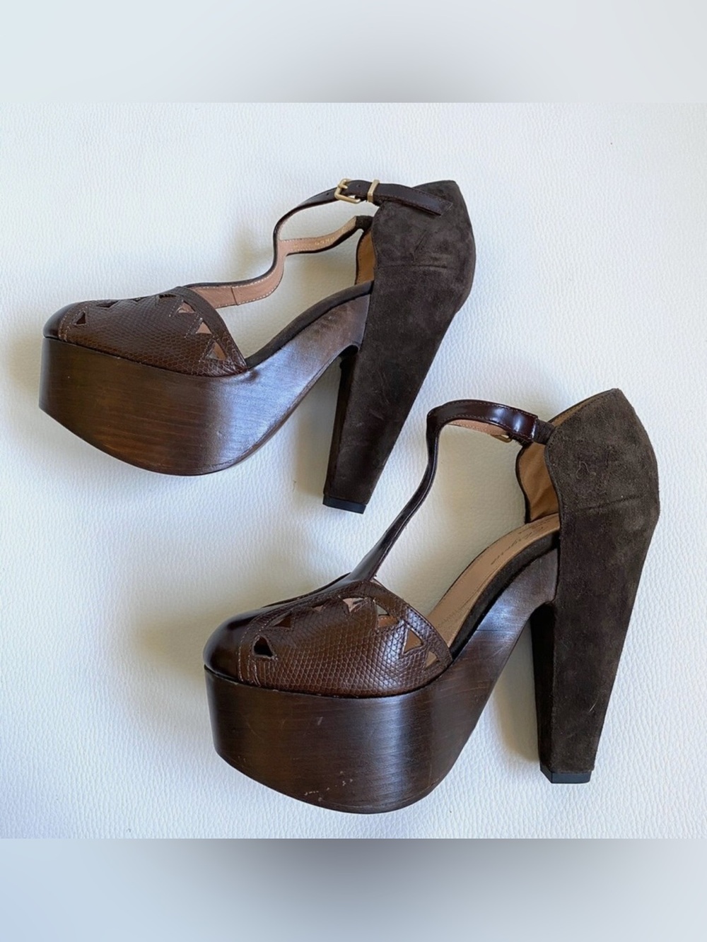 ROBERT CLERGERIE 1940s Style Ankle Strap Pumps Brown T-Strap Platform Size 8